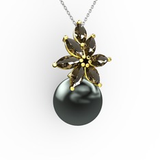 Kar Çiçeği İnci Kolye - Siyah inci ve dumanlı kuvars 18 ayar altın kolye (40 cm gümüş rolo zincir) #11nvwk8