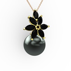 Kar Çiçeği İnci Kolye - Siyah inci ve siyah zirkon 18 ayar altın kolye (40 cm rose altın rolo zincir) #12fcbss
