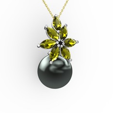 Kar Çiçeği İnci Kolye - Siyah inci ve peridot 18 ayar beyaz altın kolye (40 cm altın rolo zincir) #12xw4sp