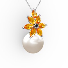 Kar Çiçeği İnci Kolye - Inci ve sitrin 14 ayar beyaz altın kolye (40 cm gümüş rolo zincir) #13or1zv