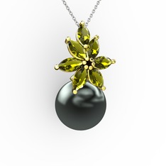 Kar Çiçeği İnci Kolye - Siyah inci ve peridot 8 ayar altın kolye (40 cm gümüş rolo zincir) #15dp4az