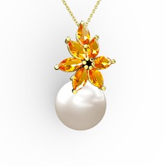 Kar Çiçeği İnci Kolye - Inci ve sitrin 14 ayar altın kolye (40 cm altın rolo zincir) #15qsm1l