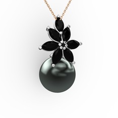 Kar Çiçeği İnci Kolye - Siyah inci ve siyah zirkon 14 ayar beyaz altın kolye (40 cm gümüş rolo zincir) #169x3by