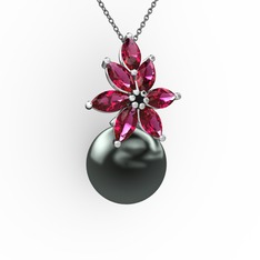 Kar Çiçeği İnci Kolye - Siyah inci ve rodolit garnet 925 ayar gümüş kolye (40 cm gümüş rolo zincir) #1ajw6aq