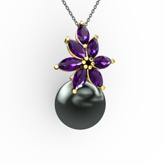 Kar Çiçeği İnci Kolye - Siyah inci ve ametist 14 ayar altın kolye (40 cm gümüş rolo zincir) #1bse4z2