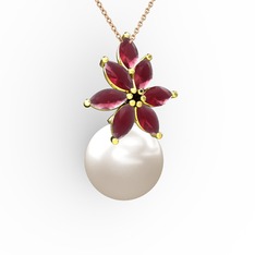 Kar Çiçeği İnci Kolye - Inci ve kök yakut 14 ayar altın kolye (40 cm rose altın rolo zincir) #1c03sjr