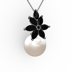 Kar Çiçeği İnci Kolye - Inci ve siyah zirkon 925 ayar siyah rodyum kaplama gümüş kolye (40 cm gümüş rolo zincir) #1eqn0ty