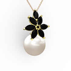 Kar Çiçeği İnci Kolye - Inci ve siyah zirkon 18 ayar altın kolye (40 cm rose altın rolo zincir) #1eundm6