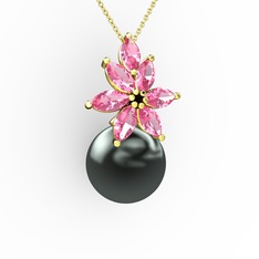 Kar Çiçeği İnci Kolye - Siyah inci ve pembe kuvars 8 ayar altın kolye (40 cm altın rolo zincir) #1f4ex5e