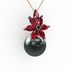 Kar Çiçeği İnci Kolye - Siyah inci ve garnet 925 ayar siyah rodyum kaplama gümüş kolye (40 cm rose altın rolo zincir) #1inymie