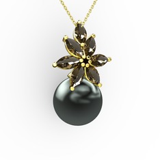 Kar Çiçeği İnci Kolye - Siyah inci ve dumanlı kuvars 18 ayar altın kolye (40 cm gümüş rolo zincir) #1jtsppt