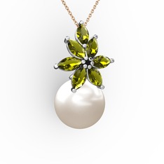 Kar Çiçeği İnci Kolye - Inci ve peridot 14 ayar beyaz altın kolye (40 cm gümüş rolo zincir) #1jy67oq