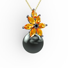Kar Çiçeği İnci Kolye - Siyah inci ve sitrin 925 ayar siyah rodyum kaplama gümüş kolye (40 cm altın rolo zincir) #1klz2vu