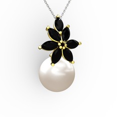 Kar Çiçeği İnci Kolye - Inci ve siyah zirkon 925 ayar altın kaplama gümüş kolye (40 cm gümüş rolo zincir) #1pd2d5f