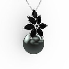 Kar Çiçeği İnci Kolye - Siyah inci ve siyah zirkon 925 ayar gümüş kolye (40 cm beyaz altın rolo zincir) #1pnmvh4