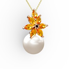 Kar Çiçeği İnci Kolye - Inci ve sitrin 8 ayar rose altın kolye (40 cm altın rolo zincir) #1r8u61y
