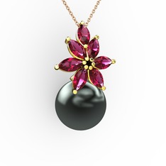 Kar Çiçeği İnci Kolye - Siyah inci ve rodolit garnet 8 ayar altın kolye (40 cm rose altın rolo zincir) #1so0afo