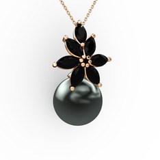 Kar Çiçeği İnci Kolye - Siyah inci ve siyah zirkon 14 ayar rose altın kolye (40 cm gümüş rolo zincir) #1uetgug
