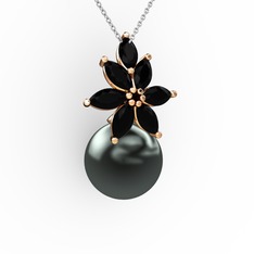 Kar Çiçeği İnci Kolye - Siyah inci ve siyah zirkon 18 ayar rose altın kolye (40 cm gümüş rolo zincir) #1w6n986