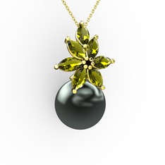 Kar Çiçeği İnci Kolye - Siyah inci ve peridot 925 ayar altın kaplama gümüş kolye (40 cm altın rolo zincir) #2kmmjz