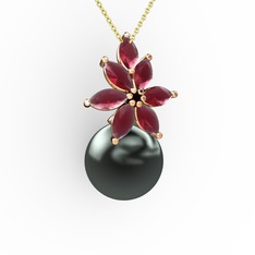 Kar Çiçeği İnci Kolye - Siyah inci ve kök yakut 18 ayar rose altın kolye (40 cm altın rolo zincir) #3xqktz