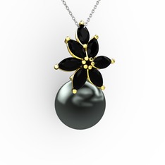 Kar Çiçeği İnci Kolye - Siyah inci ve siyah zirkon 14 ayar altın kolye (40 cm beyaz altın rolo zincir) #4ztz0y