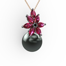 Kar Çiçeği İnci Kolye - Siyah inci ve rodolit garnet 925 ayar siyah rodyum kaplama gümüş kolye (40 cm rose altın rolo zincir) #6h1xhb