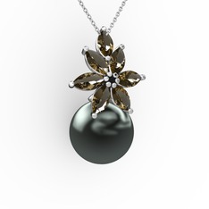 Kar Çiçeği İnci Kolye - Siyah inci ve dumanlı kuvars 8 ayar beyaz altın kolye (40 cm gümüş rolo zincir) #767arf