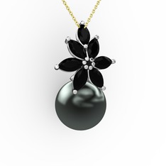 Kar Çiçeği İnci Kolye - Siyah inci ve siyah zirkon 8 ayar beyaz altın kolye (40 cm altın rolo zincir) #8ofhng
