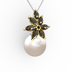 Kar Çiçeği İnci Kolye - Inci ve dumanlı kuvars 8 ayar altın kolye (40 cm beyaz altın rolo zincir) #diebs7