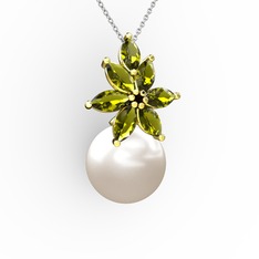 Kar Çiçeği İnci Kolye - Inci ve peridot 18 ayar altın kolye (40 cm beyaz altın rolo zincir) #eb4odl