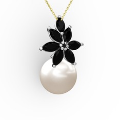 Kar Çiçeği İnci Kolye - Inci ve siyah zirkon 8 ayar beyaz altın kolye (40 cm altın rolo zincir) #en1fyg