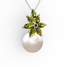 Kar Çiçeği İnci Kolye - Inci ve peridot 18 ayar beyaz altın kolye (40 cm gümüş rolo zincir) #ep77o3