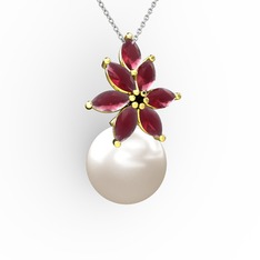 Kar Çiçeği İnci Kolye - Inci ve kök yakut 14 ayar altın kolye (40 cm gümüş rolo zincir) #eu4qyy