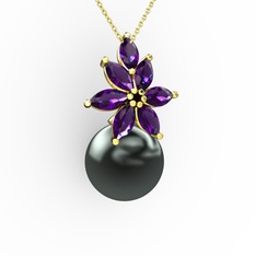 Kar Çiçeği İnci Kolye - Siyah inci ve ametist 18 ayar altın kolye (40 cm altın rolo zincir) #i3vyib