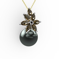 Kar Çiçeği İnci Kolye - Siyah inci ve dumanlı kuvars 14 ayar beyaz altın kolye (40 cm altın rolo zincir) #idoqp6