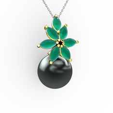 Kar Çiçeği İnci Kolye - Siyah inci ve kök zümrüt 18 ayar altın kolye (40 cm gümüş rolo zincir) #kasiwl
