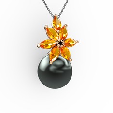 Kar Çiçeği İnci Kolye - Siyah inci ve sitrin 14 ayar rose altın kolye (40 cm gümüş rolo zincir) #l2m2dw