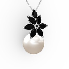 Kar Çiçeği İnci Kolye - Inci ve siyah zirkon 18 ayar beyaz altın kolye (40 cm gümüş rolo zincir) #p6h1p8