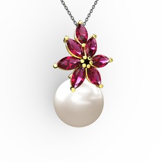 Kar Çiçeği İnci Kolye - Inci ve rodolit garnet 18 ayar altın kolye (40 cm gümüş rolo zincir) #q84bxc