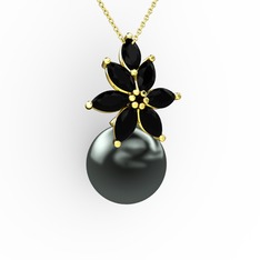 Kar Çiçeği İnci Kolye - Siyah inci ve siyah zirkon 8 ayar altın kolye (40 cm altın rolo zincir) #z8f6a4
