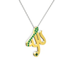 Taşlı Allah Yazılı Kolye - Kök zümrüt ve yeşil kuvars 18 ayar altın kolye (40 cm beyaz altın rolo zincir) #120evxp