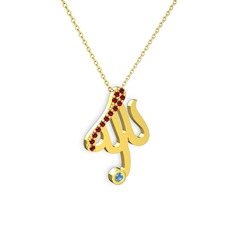 Taşlı Allah Yazılı Kolye - Garnet ve akuamarin 14 ayar altın kolye (40 cm altın rolo zincir) #18sloaj