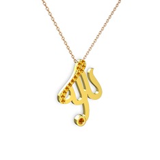 Taşlı Allah Yazılı Kolye - Sitrin 14 ayar altın kolye (40 cm rose altın rolo zincir) #19eswcz