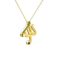 Taşlı Allah Yazılı Kolye - Peridot ve rodolit garnet 8 ayar altın kolye (40 cm altın rolo zincir) #1by51ed