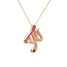 Taşlı Allah Yazılı Kolye - Kök yakut ve rodolit garnet 8 ayar rose altın kolye (40 cm altın rolo zincir) #1k6t5c9