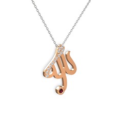 Taşlı Allah Yazılı Kolye - Pırlanta ve rodolit garnet 18 ayar rose altın kolye (0.143 karat, 40 cm beyaz altın rolo zincir) #1mk9gyw