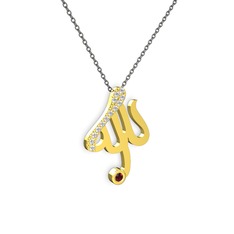 Taşlı Allah Yazılı Kolye - Pırlanta ve garnet 8 ayar altın kolye (0.143 karat, 40 cm gümüş rolo zincir) #1oif2vm