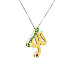 Taşlı Allah Yazılı Kolye - Yeşil kuvars ve kök yakut 18 ayar altın kolye (40 cm beyaz altın rolo zincir) #1tcwv7d
