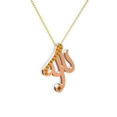 Taşlı Allah Yazılı Kolye - Sitrin 18 ayar rose altın kolye (40 cm altın rolo zincir) #8tdtum